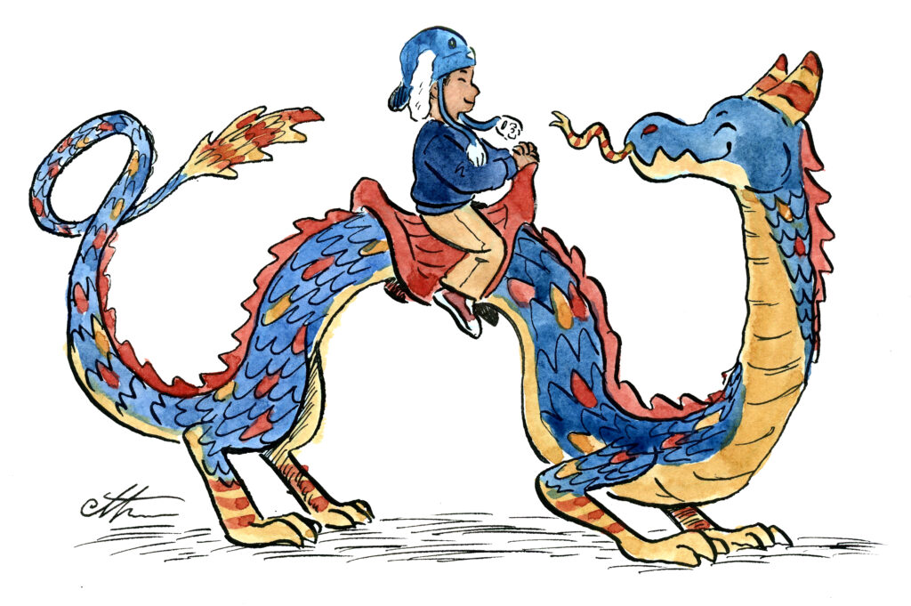 Ethan Aldridge drawing of Liam Ramos with his bunny hat riding on a long twisty dragon that's cheerfully sticking its tongue out at him