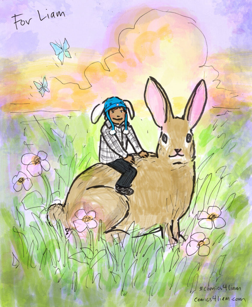 Drawing of Liam Ramos with his bunny hat smiling and sitting on a giant rabbit in a flowery green field with a lovely billowy cloud lit up in yellow, orange, and lavender by the setting sun. Text above says "For Liam." Text below says "#comics4liam / comics4liam.com / GREGPAK"